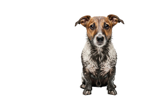 a centered jack russell terrier mix dog, covered in thick dripping wet mud, pouting with expressive brown eyes against a pristine high-key white studio floor featuring muddy paw prints. concept of