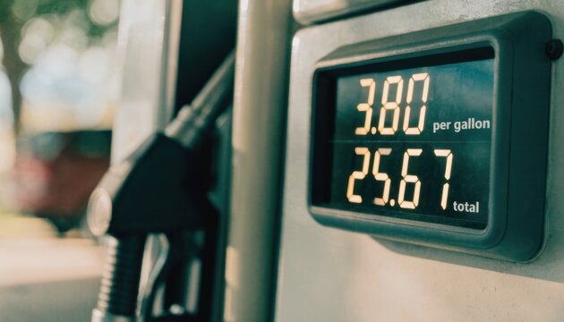 Gas pump showing a price of $3.80 per gallon and a total of $25.67 at a fuel station.
