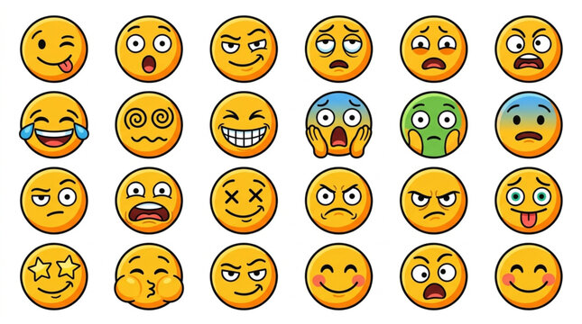 Collection of diverse cartoon emoji faces expressing various emotions and feelings.