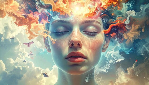 Woman with closed eyes, head exploding with colorful flames and swirling clouds