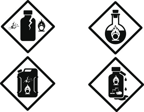Set of four organic peroxide 5.2 hazard labels with flame symbols on