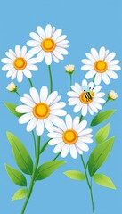 Fototapeta premium Daisy flowers with green leaves and bee cartoons on blue background vector illustration, bright blue, greenery