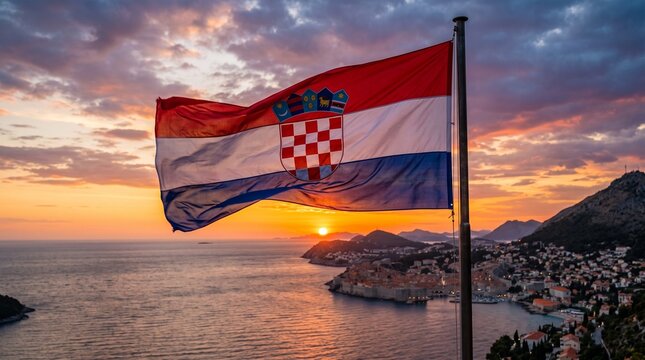 Croatian flag waving at sunset over adriatic sea and dubrovnik coastline