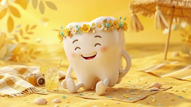 Happy animated tooth character relaxing on sunny beach with flower crown lemon drink and picnic blanket. Fun dental health summer vacation concept for childrens oral hygiene education and awareness
