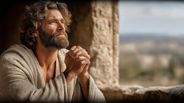 Daniel kneeling in prayer beside an open window with city view and quiet evening light