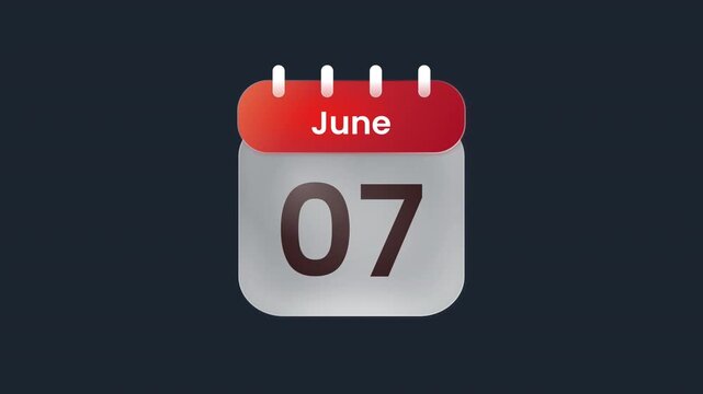 June 07 7th Calendar Date Animation Icon Display ProRes Alpha Channel 4K 60fps High Resolution Reminder Motion Graphic Asset