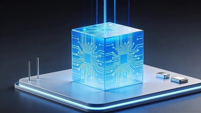 Blue glowing cube with circuit board design