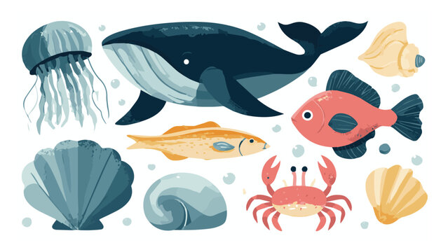 Colorful marine life illustration featuring various fish shells and crustaceans in vibrant shades for educational or nature themed projects