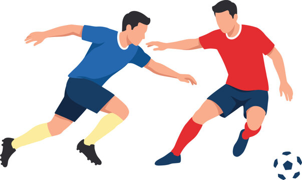 Two football players battling for possession during competitive soccer match dynamic sports action vector illustration isolated