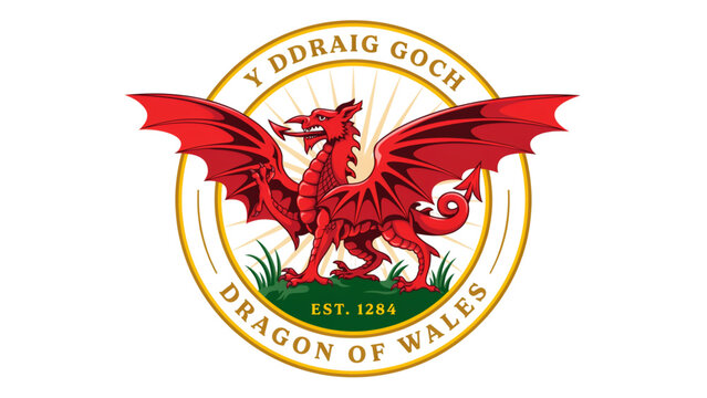 Welsh national flag with red dragon emblem on green and white background Vector