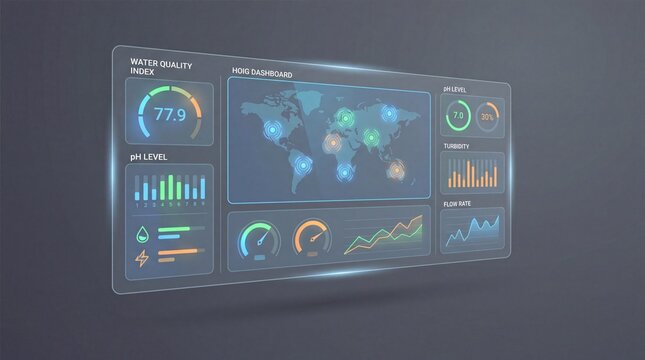 Futuristic digital dashboard displaying global water quality data and statistics