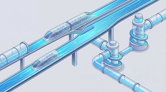 Futuristic vacuum tube transportation system with sleek trains and tubes