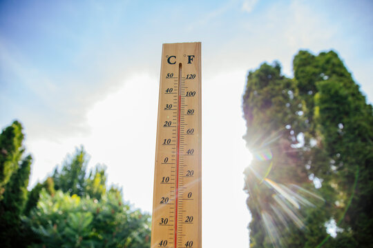 Extreme Summer Heat Wave: Thermometer Measuring High Temperature.
