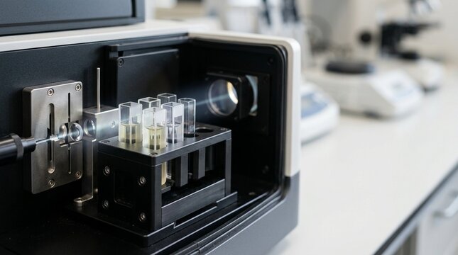 Fluorescence spectrophotometer sample chamber with cuvette holder array, excitation and emission light paths visible as subtle optical elements - Biotech Laboratory Stock Photo, No People