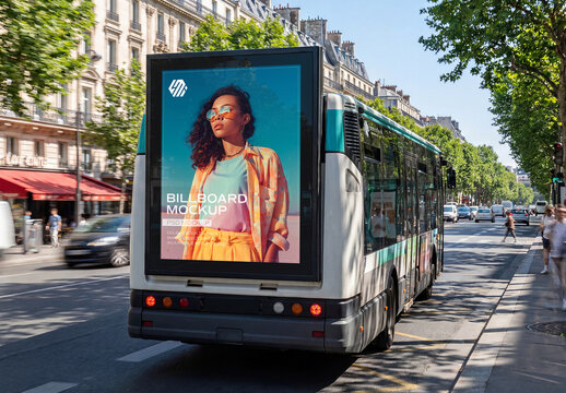 Billboard at the Back of a Bus In Paris City Mockup