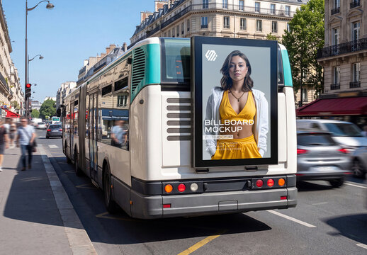 Billboard at the Back of a Bus In Paris City Mockup