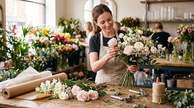 Florist creating beautiful flower bouquets in a shop