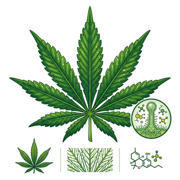 Cannabis leaf with botanical icons and science illustrations.