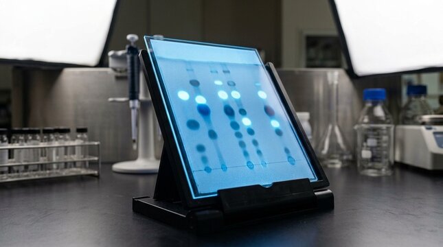 Thin-layer chromatography TLC plate held at an angle under UV light, bright blue-white illumination revealing separated spot bands, no labels - Biotech Laboratory Stock Photo, No People