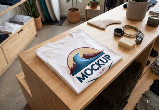 Premium Folded T-Shirt on Wooden Surf Shop Display Counter Mockup