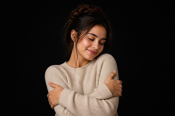 Fototapeta premium A young woman in a beige sweater is resting her head with her arms crossed against a black background.