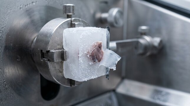 X-ray diffractometer sample stage with a mounted crystal on a goniometer head, the incident X-ray beam collimator visible - Biotech Laboratory Stock Photo, No People