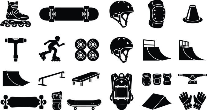 Skateboarding and Roller Skating Silhouette Icon Set with Helmet, Ramp, Wheels, Pads, and Hoverboard for Extreme Sport Designs
