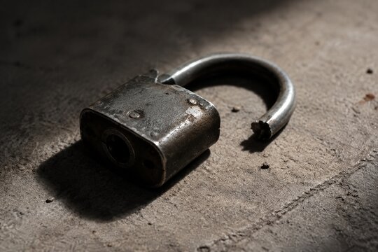 Broken metal padlock discarded on concrete ground with dramatic lighting.