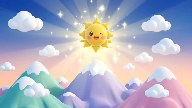 Cute smiling sun colorful mountains in whimsical landscape