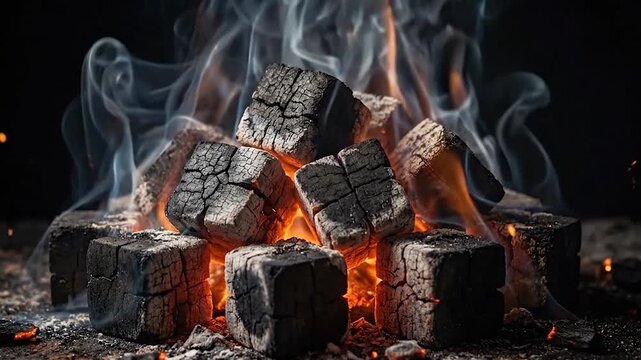 Glowing square charcoal briquettes burn with intense heat, releasing wispy white smoke and orange flames against a dark, dramatic background.
