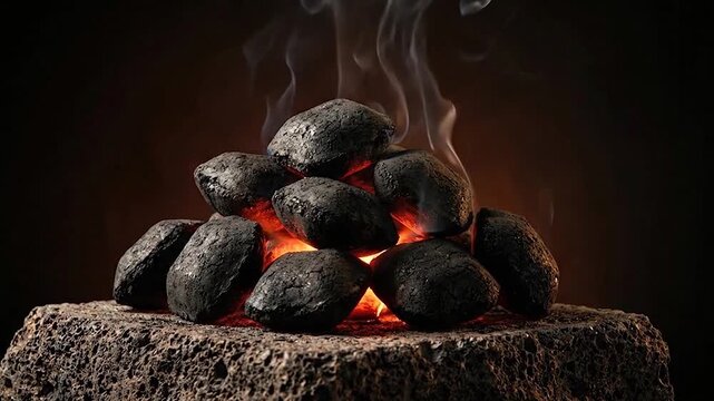 Glowing charcoal briquettes piled on textured stone emit wisps of smoke and orange light against a dark background.