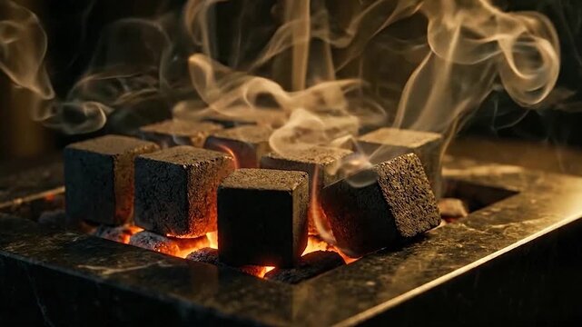 Glowing charcoal cubes on a dark marble base emit wispy smoke and a warm orange light, creating an atmospheric scene of heat and combustion.