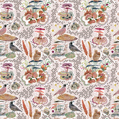 Fototapeta premium Whimsical Woodland Forest Seamless Pattern with Mushrooms, Birds, Wildflowers and Botanical Elements