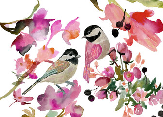 Hand Painted Watercolor Birds and Pink Blossom Flowers Botanical Spring Illustration © Bhikhabhai