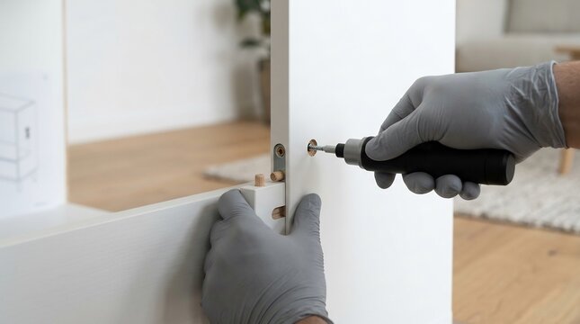 Close-up of gloved hands assembling a white modern furniture cabinet with a screwdriver