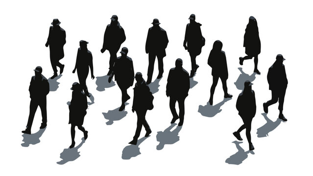 Group of diverse people walking in urban setting with shadows and silhouettes in a modern city scene