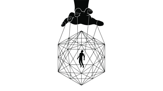 Conceptual puppet master hand controlling a human in a geometric cage, manipulation and power vector, psychological control and social influence