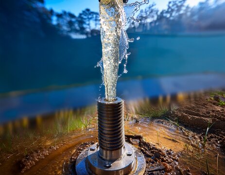 industrial metal drill bit and mechanical pump head discharging clear artesian water during deep well installation for groundwater extraction and irrigation maintenance on site