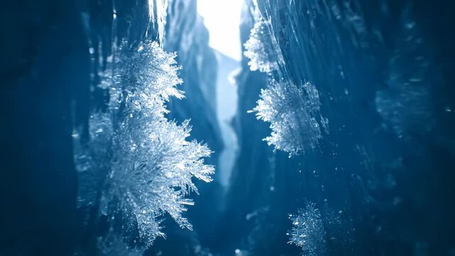 Close up of luminous ice crystals forming within a frosty cave while sun light glistens on the frozen formations creating a magical winter scene