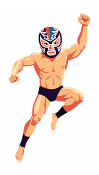 Dynamic professional wrestler in colorful mask and black trunks performing a high-energy move on white background