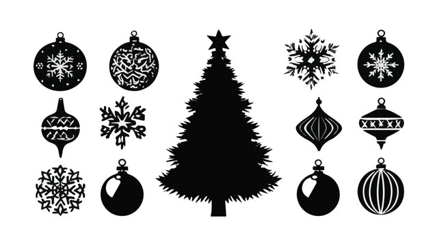 Elegant black and white Christmas ornaments with snowflakes and balls for holiday decoration and festive celebration