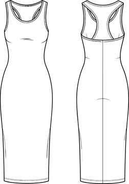 Women racerback bodycon midi dress technical fashion sketch illustration with front and back views