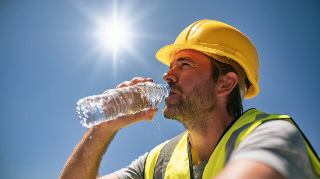 Construction worker drinking water under blazing sun to stay hydrated during extreme summer heat