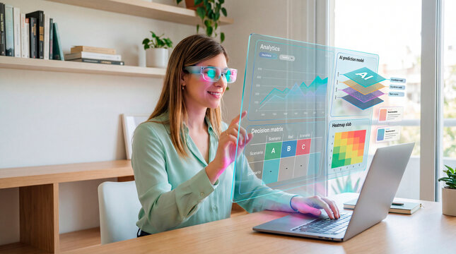 Business analyst interacting with AI prediction dashboard on augmented reality workspace