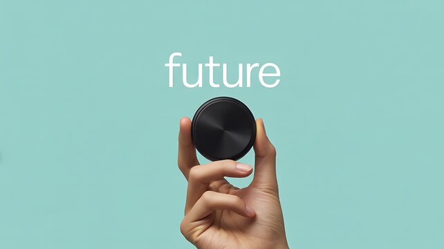 Hand holding black sphere with future text representing vision and innovation concept