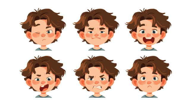 Set of six expressive young boy faces showing various emotions in cartoon style with detailed facial expressions and vivid colors for emotional communication