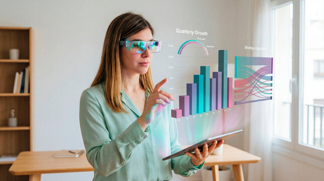 Business consultant analyzing quarterly growth metrics on tablet with augmented reality dashboard