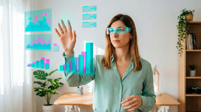 Business strategist presenting interactive performance metrics with augmented reality analytics display