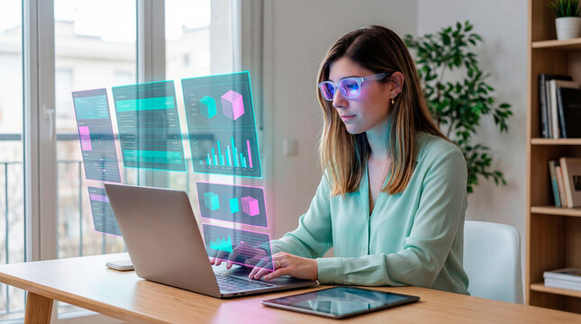 Business professional monitoring interactive analytics dashboard across laptop and virtual data panels