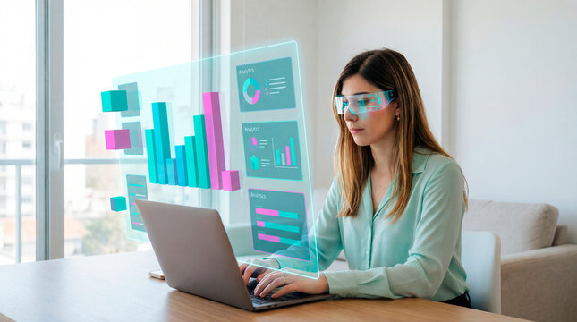 Financial analyst reviewing interactive business dashboard on laptop with augmented reality charts